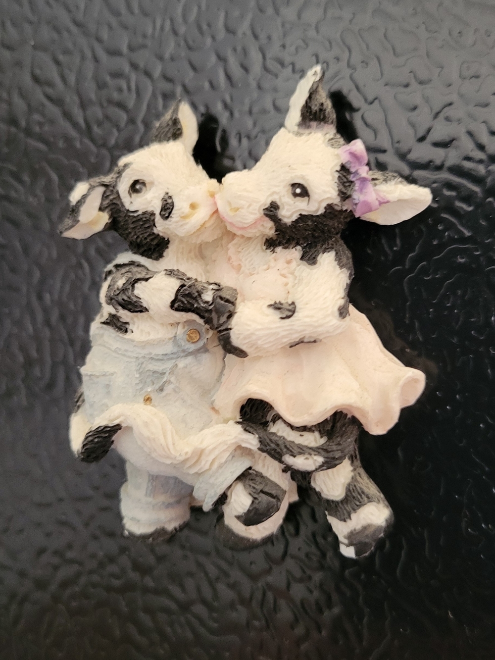 GANZ Black and White Cow Couple Magnet with Pink Bow and Cream Dress